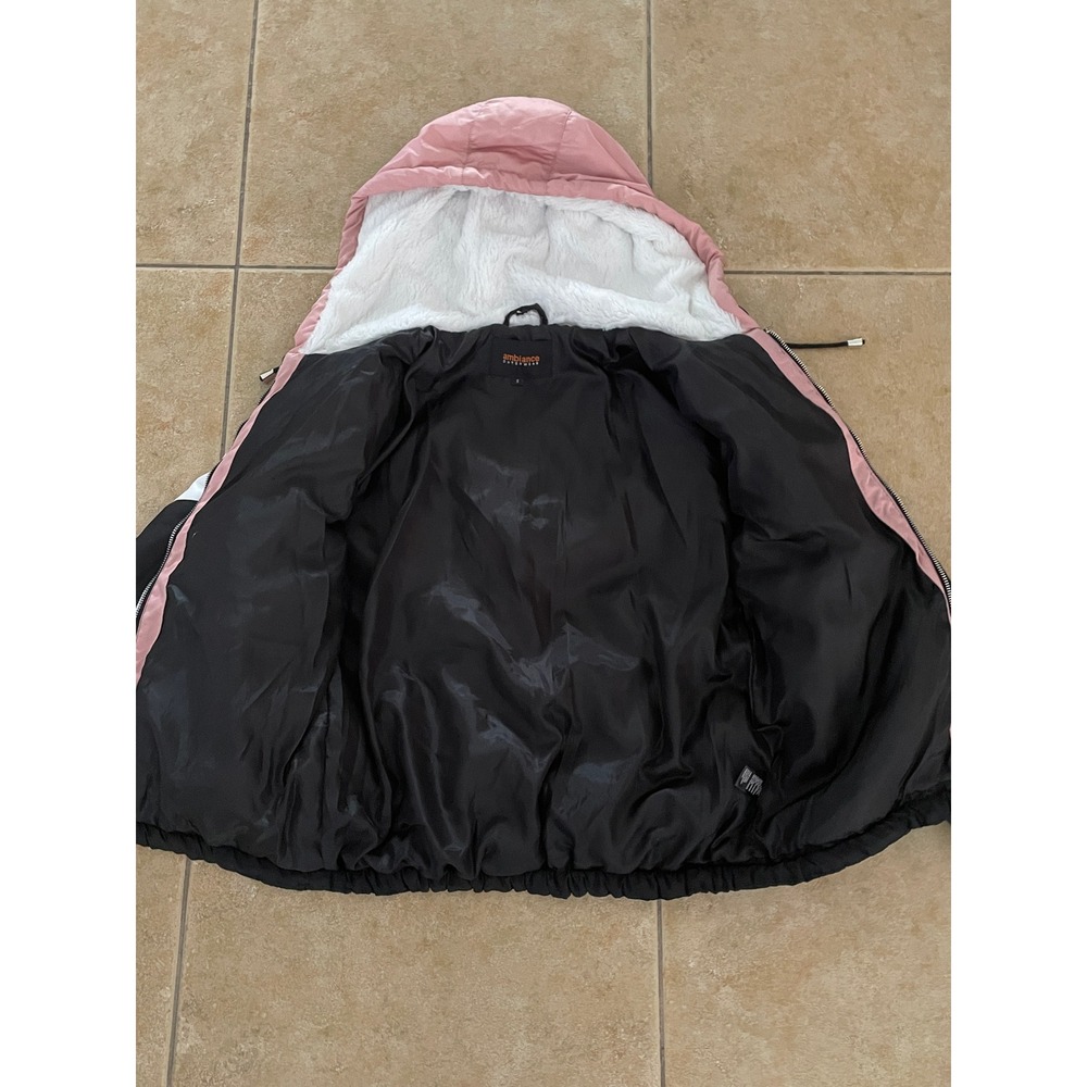 Pink White Black Chevron Colorblock Faux Fur Hooded Puffer Jacket Size S - Picture 4 of 10